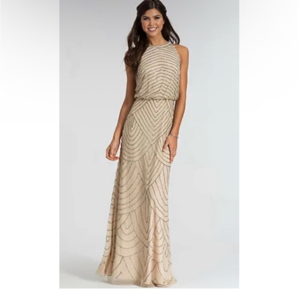 Adrianna Papell Beaded Blouson Gown Champagne SZ 16 w tag Art Deco Evening Dress